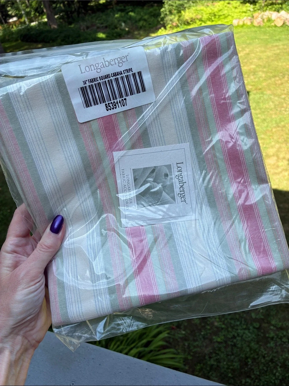 Longaberger 36” Cabana Stripe Fabric Square - Pink, Green & Cream SMELLS MUSTY